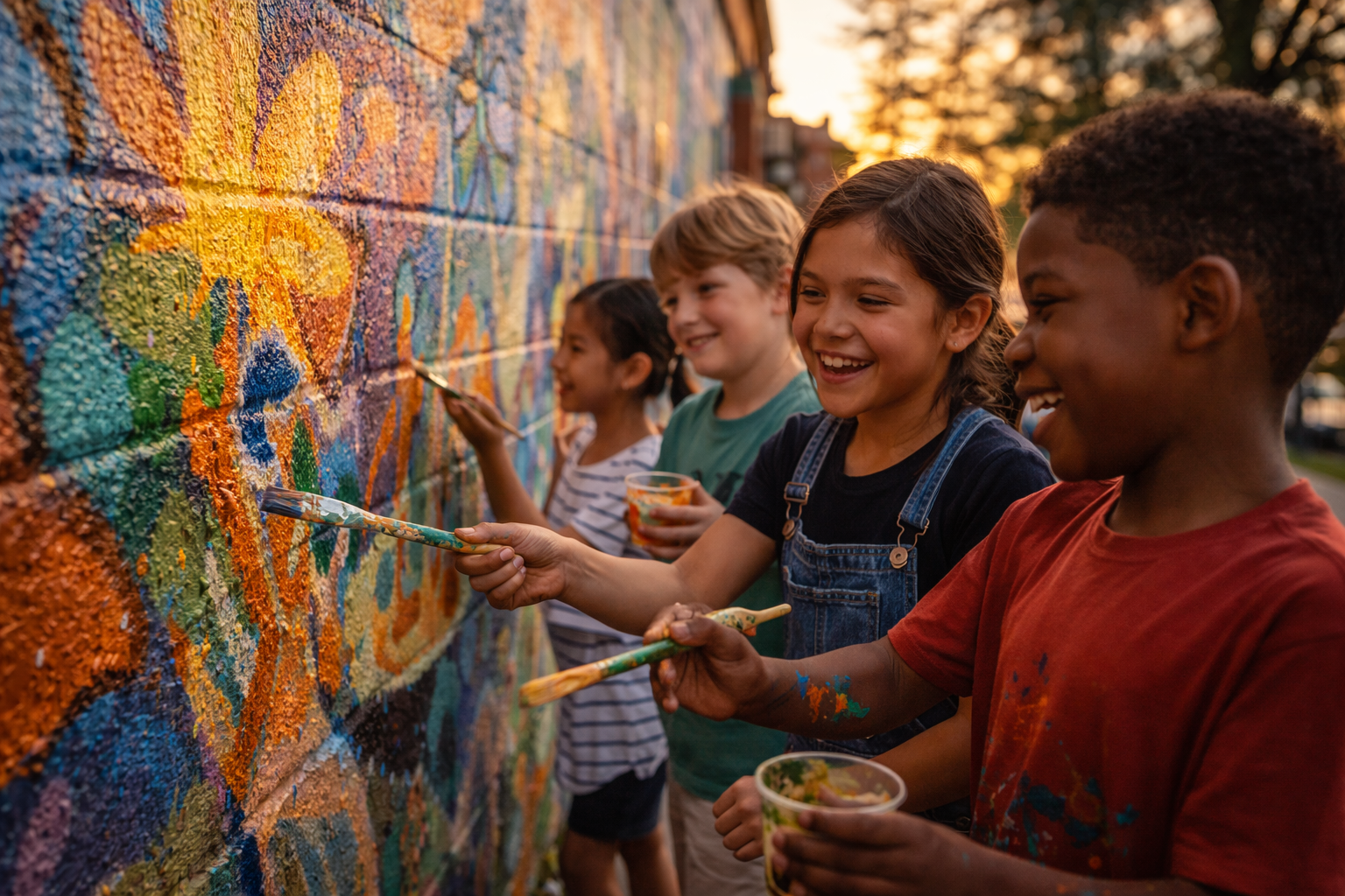 Children creating colorful mural - Visual Arts