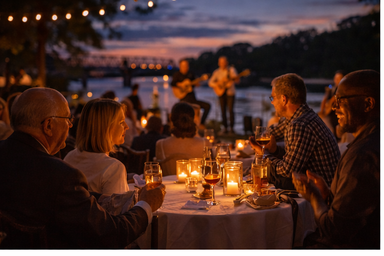 A twilight riverside gathering in Morrisville with acoustic music