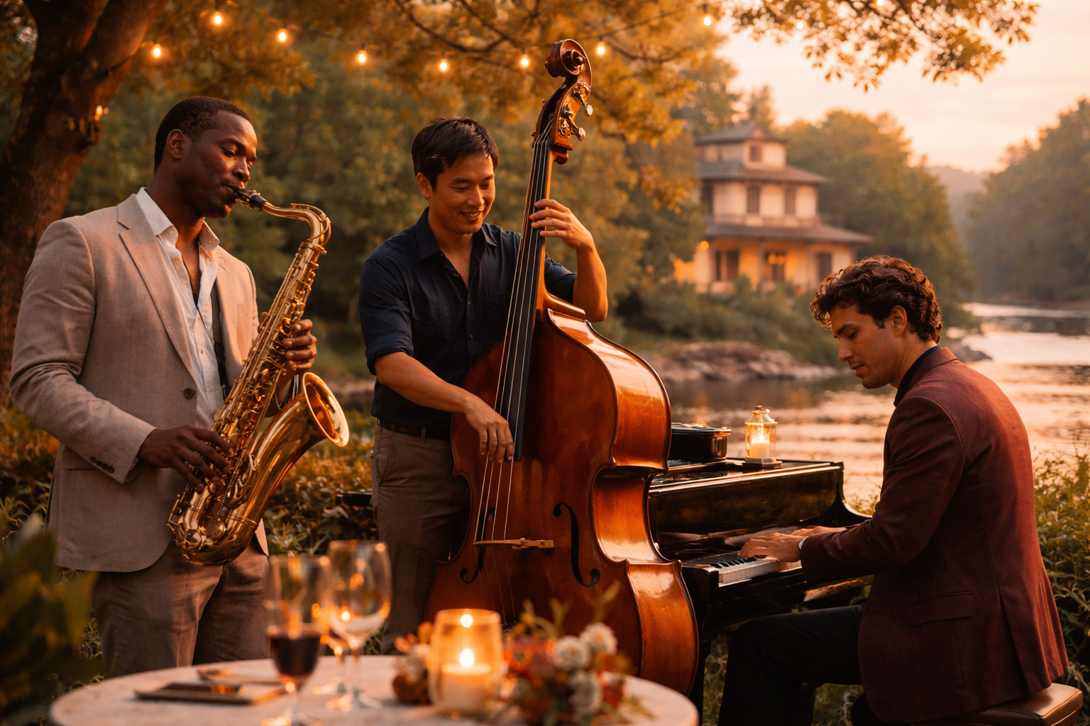 Jazz trio performing by the Delaware River at golden hour - Music Arts