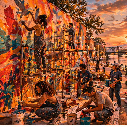 Muralists at work in Morrisville at golden hour