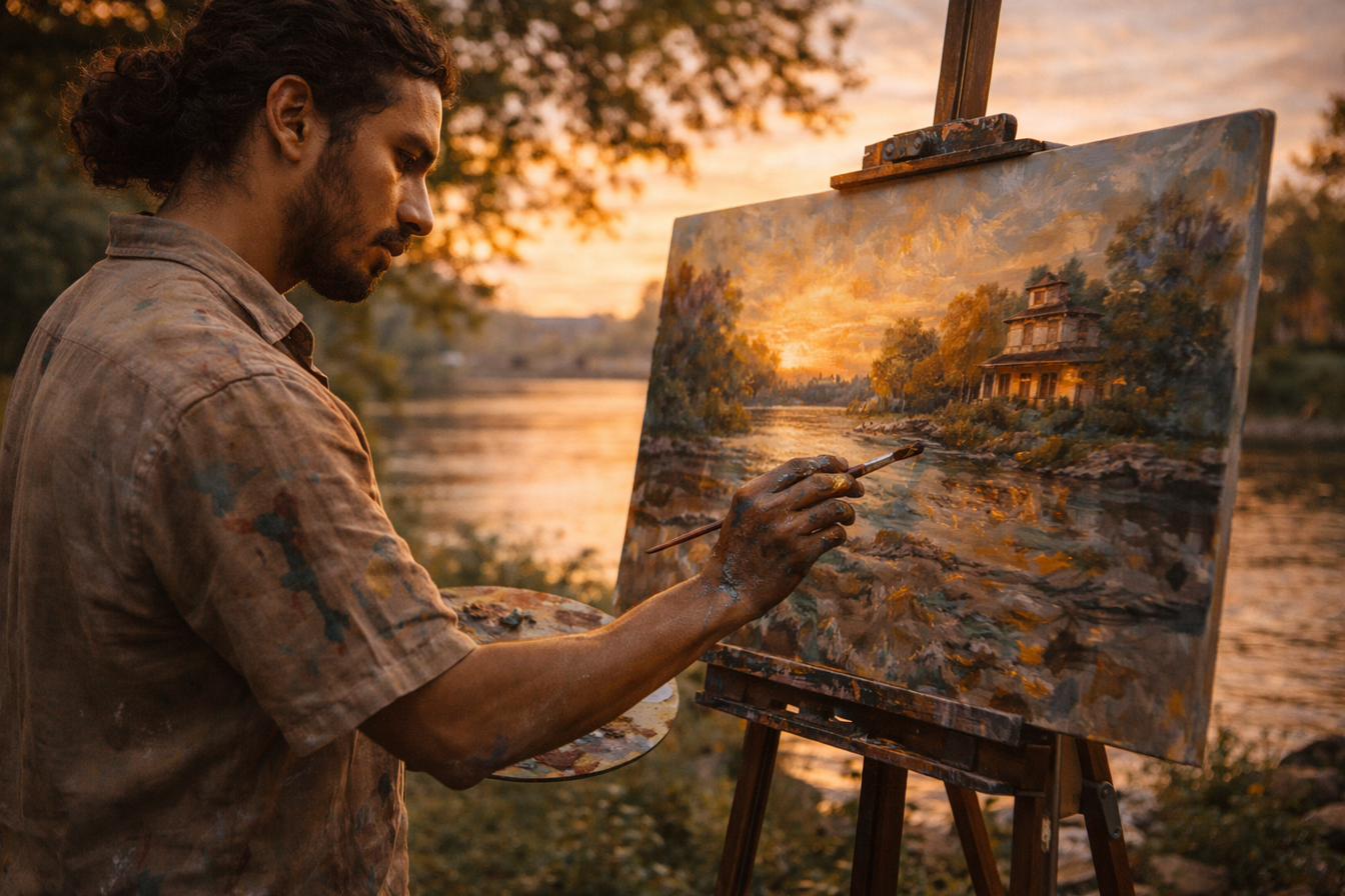 Artist painting by the Delaware River - Fine Arts