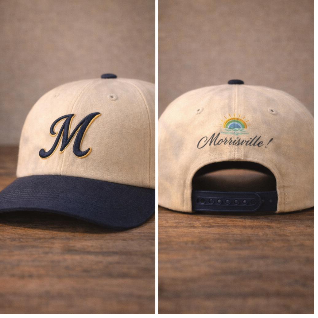 Cream and navy heritage-style baseball cap with script M embroidery, front and back view