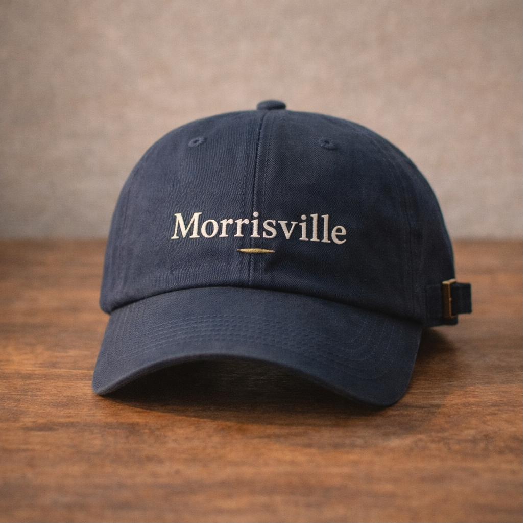 Navy blue unstructured dad-style cap with cream Morrisville wordmark