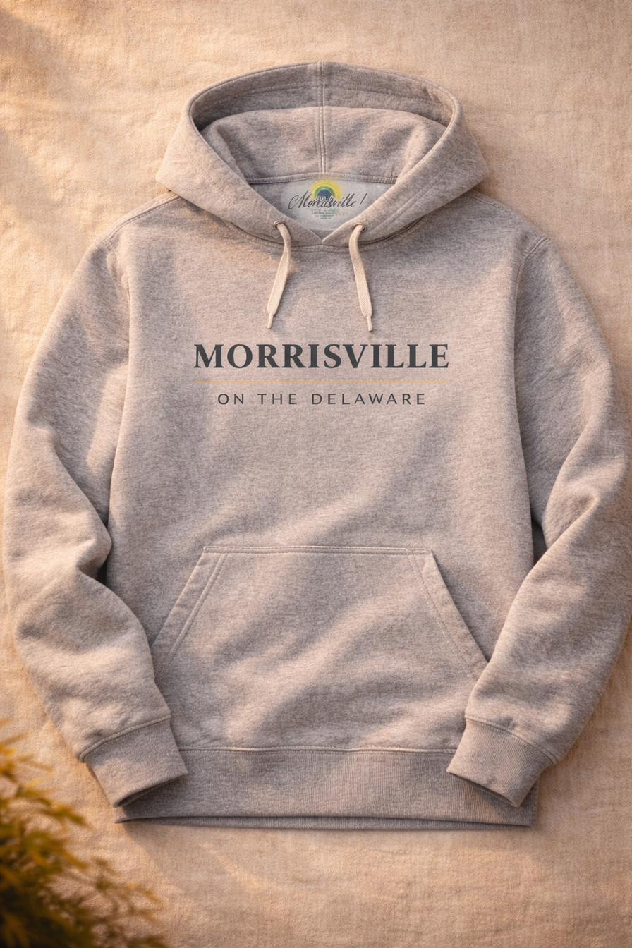 Heather gray hoodie with MORRISVILLE ON THE DELAWARE wordmark on chest and Imagine Morrisville logo on hood tag