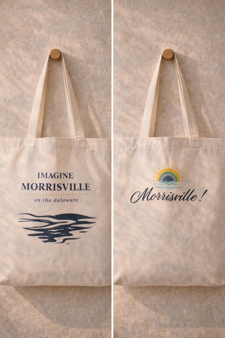 Natural cotton canvas tote bag with IMAGINE MORRISVILLE wordmark and flowing river illustration