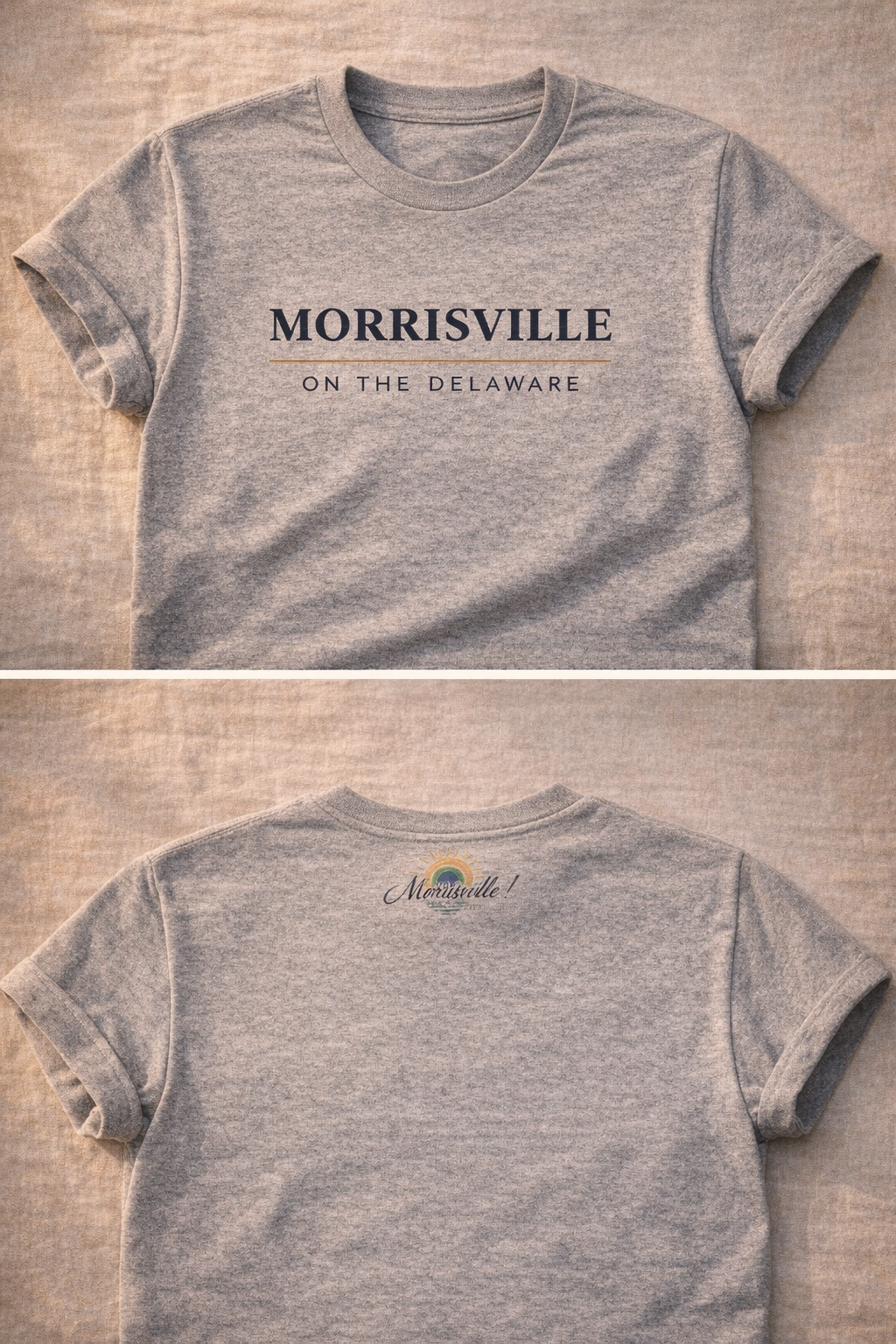 Heather gray t-shirt with MORRISVILLE ON THE DELAWARE wordmark on front, Imagine Morrisville logo on back yoke