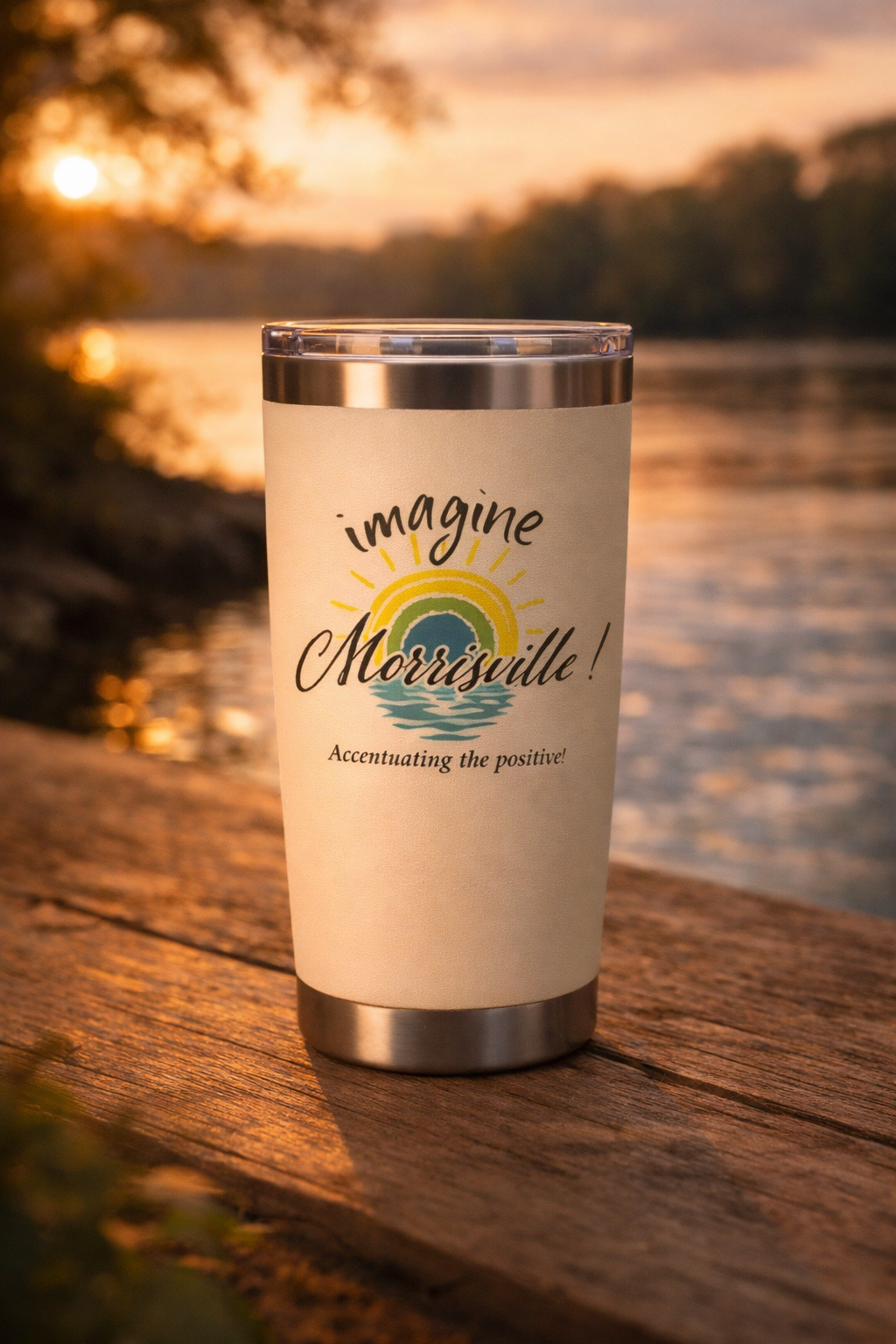 Cream-colored insulated tumbler with Imagine Morrisville logo, photographed at golden hour by the Delaware River